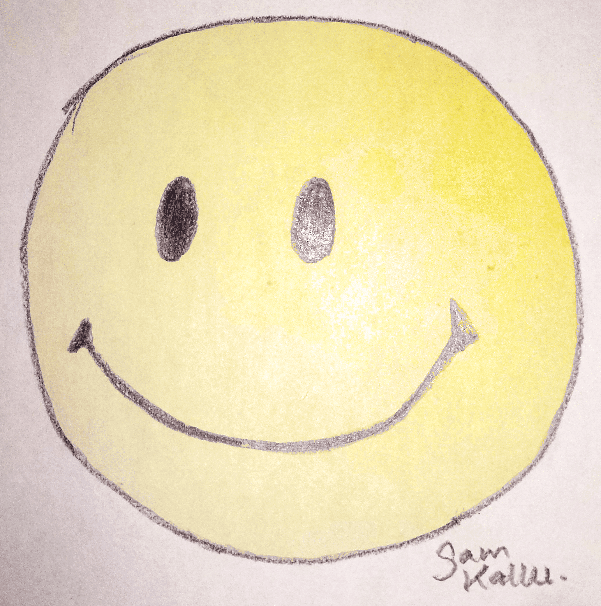 Smiley face drawing filled with bright yellow color, showing the final result